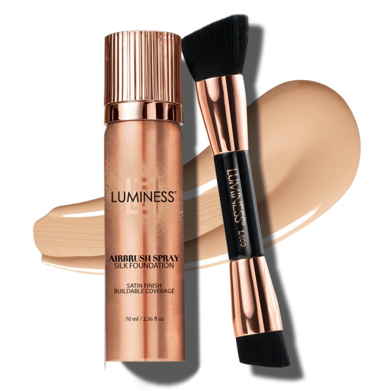 LUMINESS LUMINESS Silk Airbrush Spray Foundation  Buffing Brush Kit  Full Coverage Foundation  DualSided Buffing Brush  Buildable Coverage AntiAging Formula Hydrates  Moisturizes Shade  Fair 