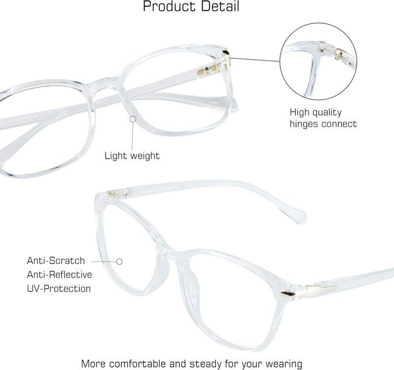 VisionGlobal Blue Light Blocking Glasses for Women, Anti Eyestrain, Computer Reading, TV Glasses, Stylish Square Frame, Anti Glare (Clear, +1.75 Magnification) - Image 2