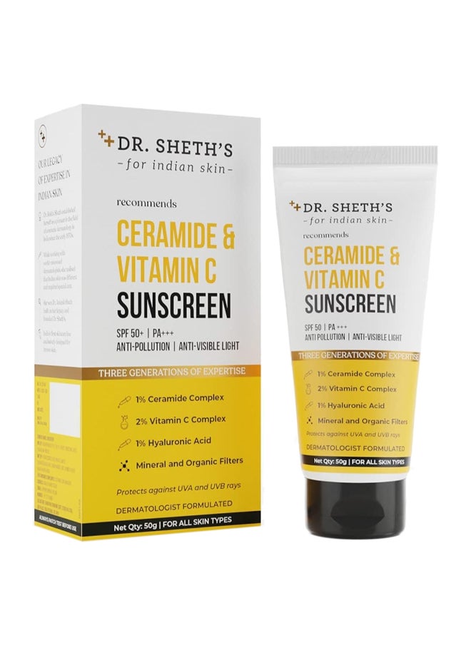 دي آر. شيث'س - ريم دكتور شيث الواقي من الشمس بعامل حماية من الشمس SPF 50 مع سيراميد وفيتامين C للبشرة الدهنية والحساسة والجافة | لترطيب مكثف | غير دهني، سريع الامتصاص | زيرو وايت كاست | با +++ | للنساء والرجال | 50 جرام - Image 1