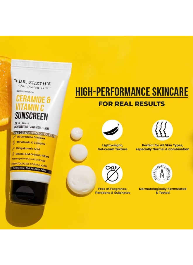 دي آر. شيث'س - ريم دكتور شيث الواقي من الشمس بعامل حماية من الشمس SPF 50 مع سيراميد وفيتامين C للبشرة الدهنية والحساسة والجافة | لترطيب مكثف | غير دهني، سريع الامتصاص | زيرو وايت كاست | با +++ | للنساء والرجال | 50 جرام - Image 1