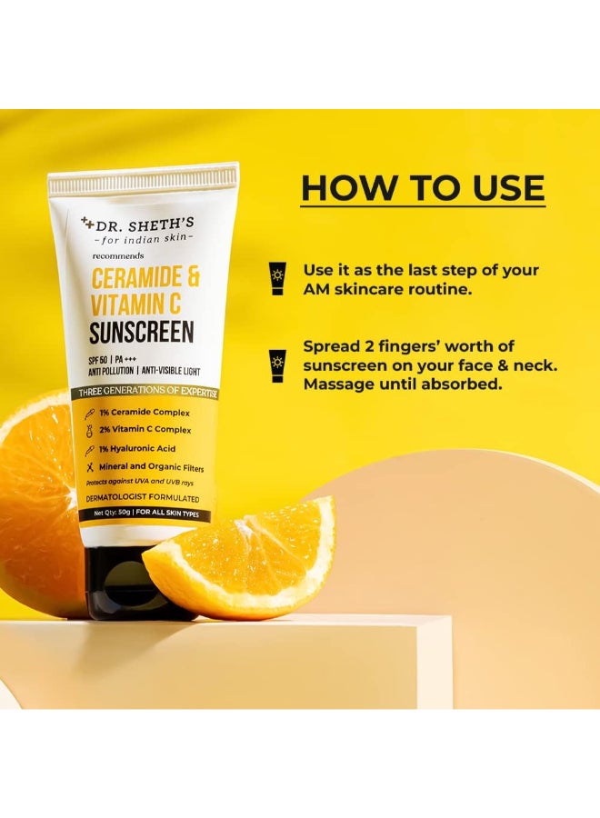 دي آر. شيث'س - ريم دكتور شيث الواقي من الشمس بعامل حماية من الشمس SPF 50 مع سيراميد وفيتامين C للبشرة الدهنية والحساسة والجافة | لترطيب مكثف | غير دهني، سريع الامتصاص | زيرو وايت كاست | با +++ | للنساء والرجال | 50 جرام - Image 1