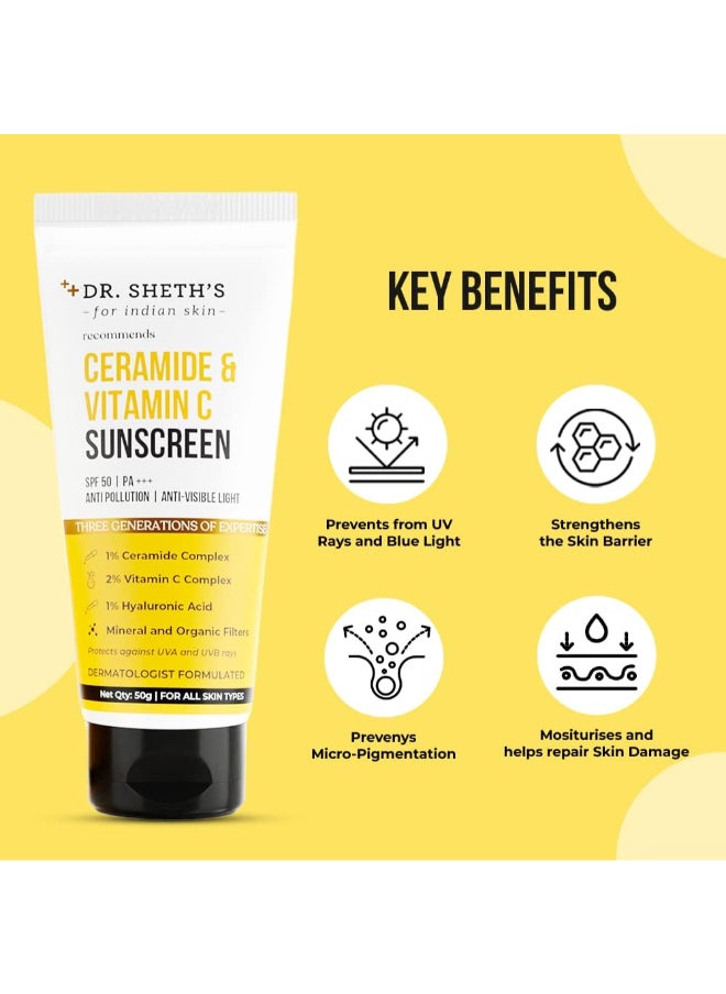 دي آر. شيث'س - ريم دكتور شيث الواقي من الشمس بعامل حماية من الشمس SPF 50 مع سيراميد وفيتامين C للبشرة الدهنية والحساسة والجافة | لترطيب مكثف | غير دهني، سريع الامتصاص | زيرو وايت كاست | با +++ | للنساء والرجال | 50 جرام - Image 1