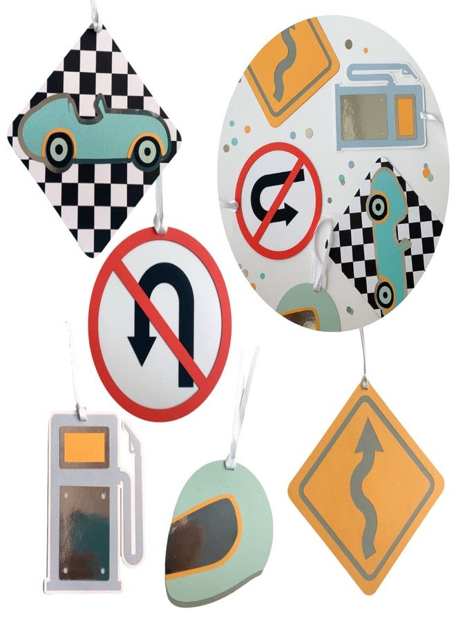 Pinfliers Car Birthday Theme Decorations for Party, Paper Hangings, A Set of 5, Blue, Yellow, Mint, Red - Image 1