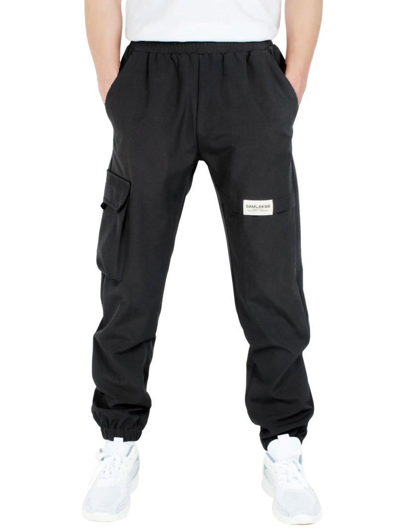 CAMLAKEE Boys' Cargo Joggers Pants Kids Elastic Waist Water Resistant Youth Outdoor Hiking Pants Black 12-13 Years Size 160 - Image 1