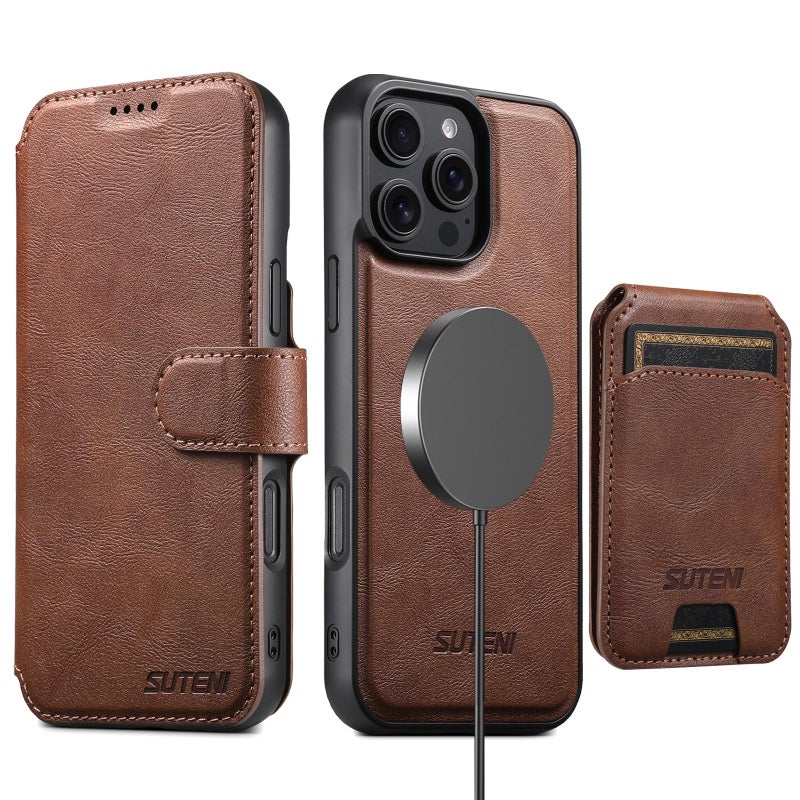 Suteni For Iphone 13 Pro Max Q05S2 3-In-1 Detachable Vertical Flip Wallet Magsafe Leather Phone Case(Brown) - Image 2