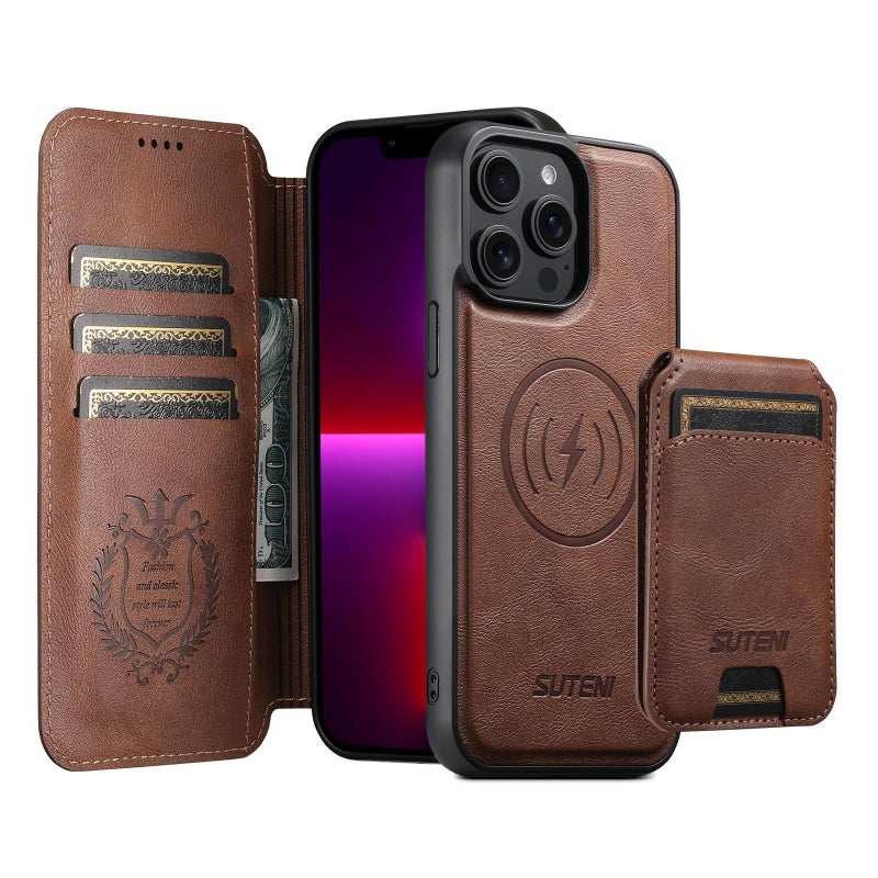 Suteni For Iphone 13 Pro Max Q05S2 3-In-1 Detachable Vertical Flip Wallet Magsafe Leather Phone Case(Brown) - Image 1