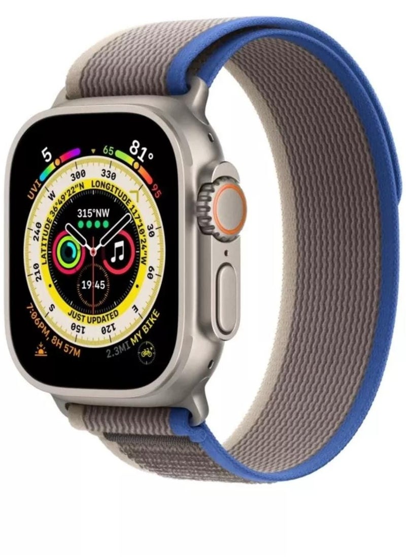 Nylon Replacement Band Compatible with Apple Watch Series 9/Ultra/Ultra 2 Size 45/49mm, Gray with Blue