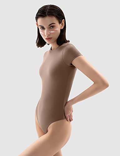 PUMIEY Body Suit for Womens Short Sleeve Bodysuit Women Brown Tops Taffy Medium - Image 3