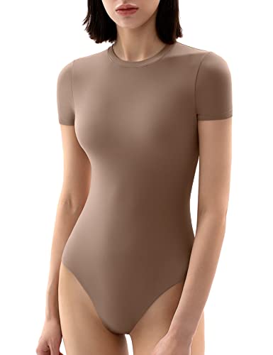 PUMIEY Body Suit for Womens Short Sleeve Bodysuit Women Brown Tops Taffy Medium - Image 1
