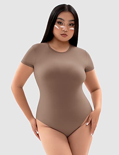 PUMIEY Body Suit for Womens Short Sleeve Bodysuit Women Brown Tops Taffy Medium - Image 5