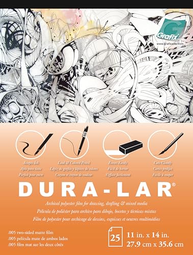 Grafix Dura-Lar 0.005" Film, Matte, Translucent 11"x14", Economical Alternative to Drafting Film, Mylar and Acetate, Translucent Drawing Surface for Lead, Ink, Charcoal and Paint, Pad of 25 Sheets - Image 1