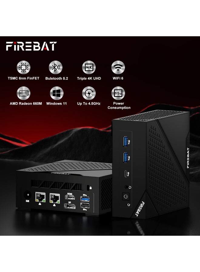 FIREBAT AM02 Mini PC AMD Ryzen 5 6600H, 16GB DDR5/LPDDR5 512GB SSD, WiFi 6, Dual LAN, HDMI 2.0 & DP 1.4, Triple Display Compact Desktop Computer for Business & Home - Image 3