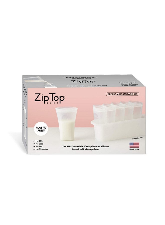 زيب توب مجموعة أكياس تخزين حليب الثدي المصنوعة من السيليكون البلاتيني بنسبة 100% القابلة لإعادة الاستخدام بسحاب علوي، مصنوعة في الولايات المتحدة الأمريكية - مجموعة من 6 قطع + صينية تجميد - Image 1