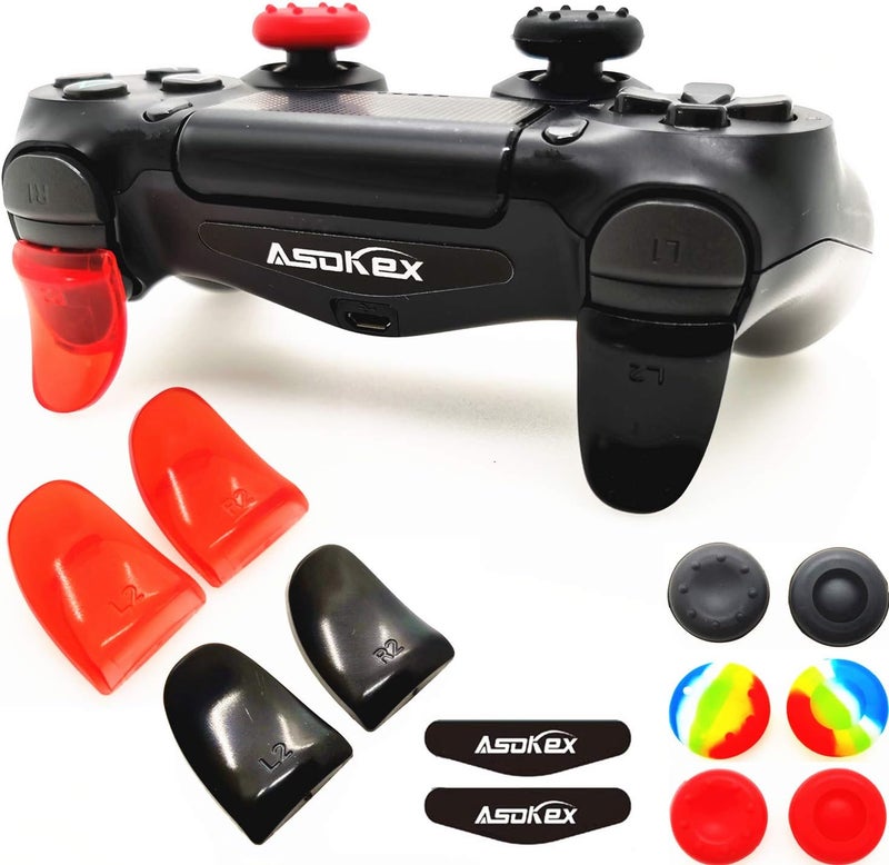 Asokex L2 R2 Triggers Ps4 (2 Pairs Trigger Extender,6Pcs Thumbstick Grips, 2 Pairs LED Light Bar Decal) for Ps4 Dualshock Controller(Black&red) - Image 1
