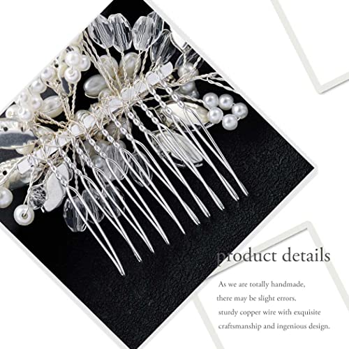 CanB Bride Pearl Hair Comb Flower Silver Wedding Leaf Crystal Bridal Headpieces bridesmaid Head Plece Flower Girl Rhinestone Hair Jewelry Accessories for Women and Girls (Silver) - Image 5
