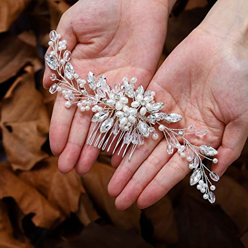 CanB Bride Pearl Hair Comb Flower Silver Wedding Leaf Crystal Bridal Headpieces bridesmaid Head Plece Flower Girl Rhinestone Hair Jewelry Accessories for Women and Girls (Silver) - Image 1