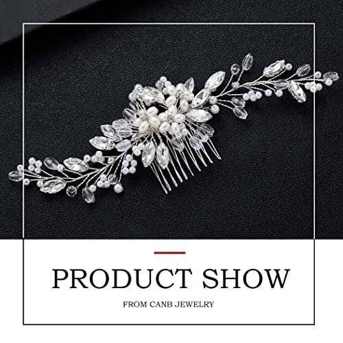 CanB Bride Pearl Hair Comb Flower Silver Wedding Leaf Crystal Bridal Headpieces bridesmaid Head Plece Flower Girl Rhinestone Hair Jewelry Accessories for Women and Girls (Silver) - Image 4