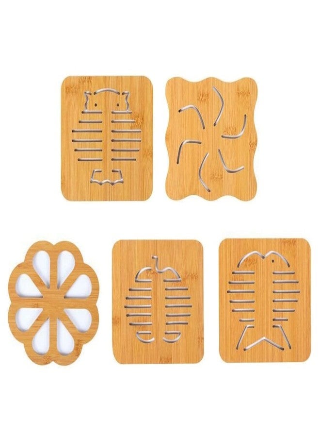 OLWICK® 5 Pcs Wood Hot Pads Pot Holders, Insulated Non Slip Trivet Mat Set for Kitchen, Hot Pads, Teapot Trivet, Baking, Cooking (Random Pattern) - Image 1