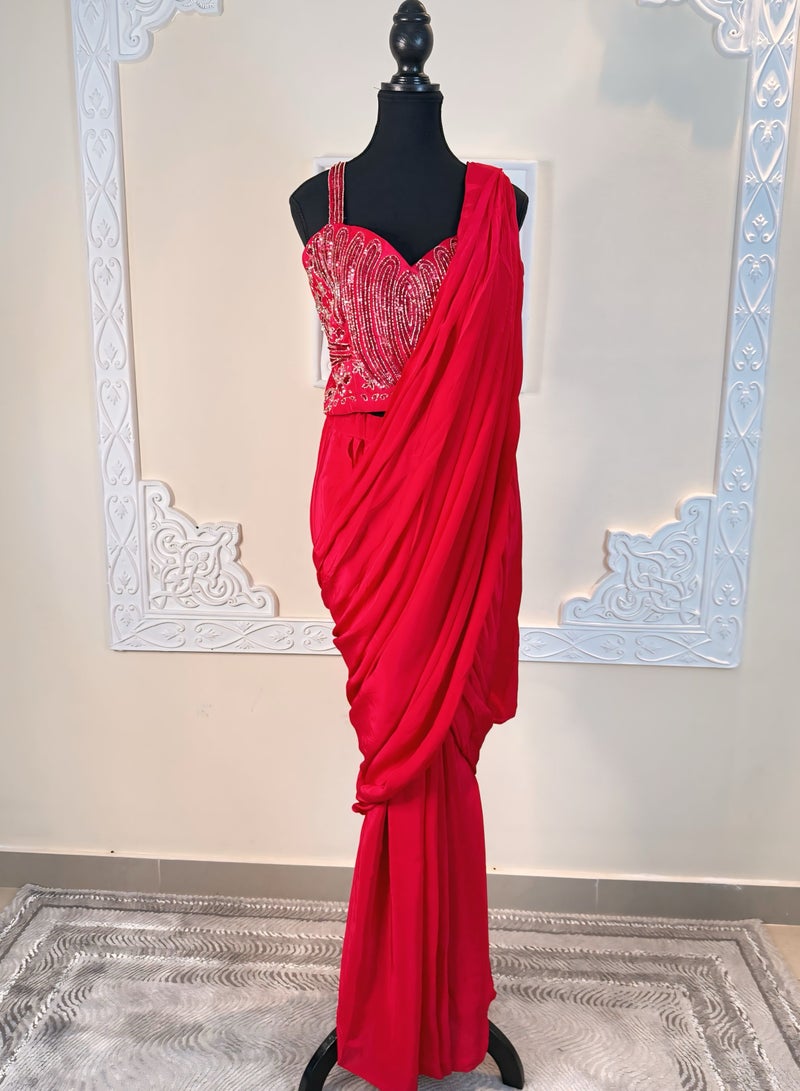 Queens Landing Fashion Red Chiffon Saree||Lightweight Saree for Festive Events||Traditional Indian Saree with Blouse||Embroidered Border Chiffon Saree||Elegant Red Saree for Special Occasions  - Image 1