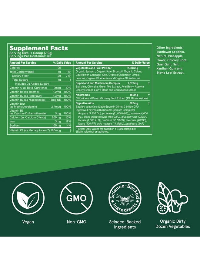 بوليت بروف خضراوات مضادة للرصاص، 8.4 أونصة، مسحوق خضراوات يومي مع أطعمة خارقة ومنشطات ذهنية، حصة كاملة من الخضراوات والعناصر الغذائية الأساسية - Image 2