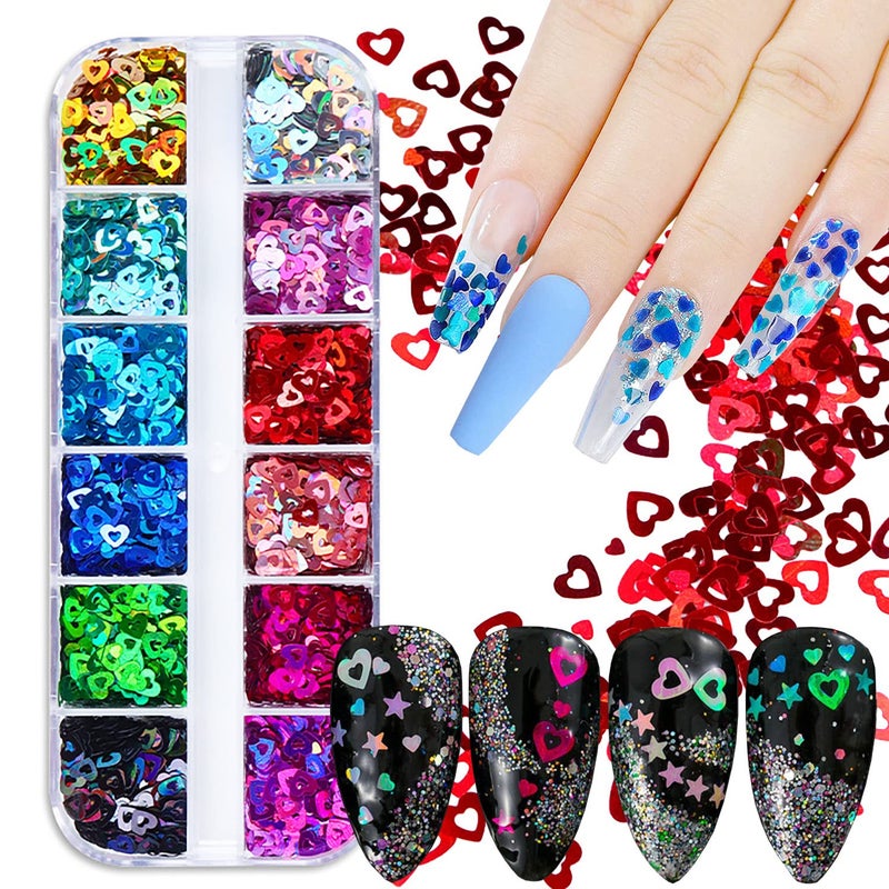 Love Heart Nail Art Glitter Sequins 12 Colors Holographic Hollow Heart Shapes Nail Flakes Designs 3D Laser Sparkly Big Small Hearts Nails Supplies for Women Manicure Decorations DIY Shiny Crafts
