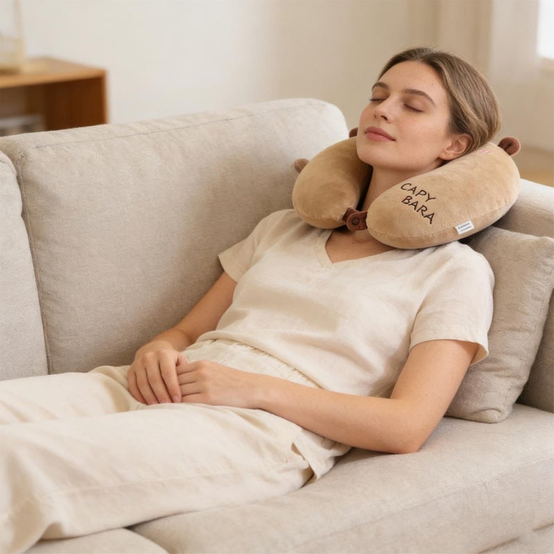 Travel Neck Pillow 2 In 1 Capybara Plush Memory Foam U Shape Support Cushion - Image 3