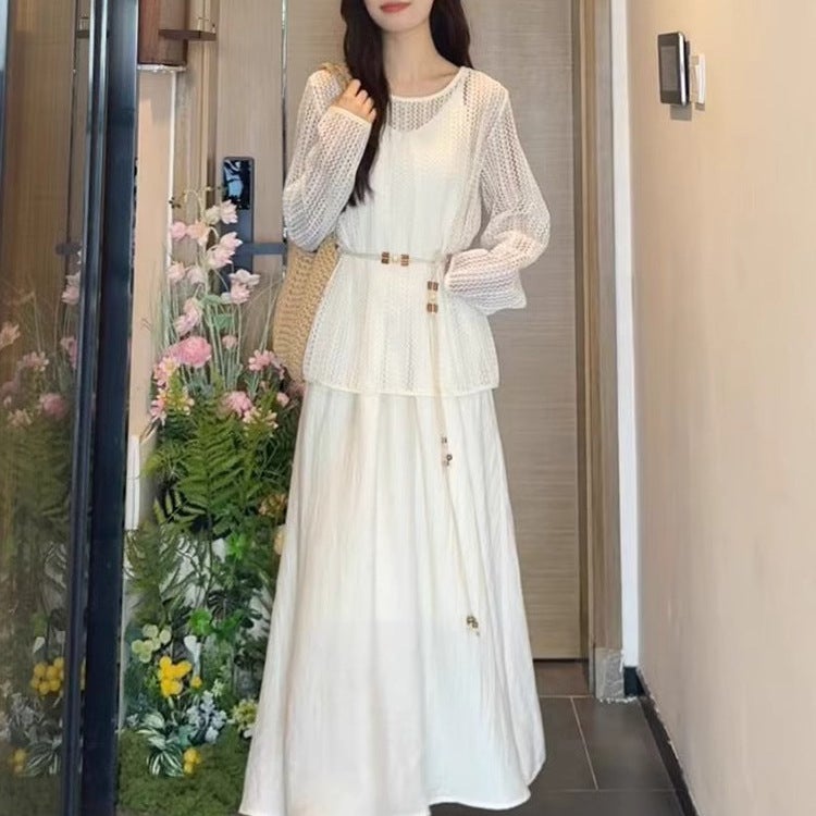 Women's White Strap Dress with Belt, 2025 Summer Beach Maxi Dress - Image 2