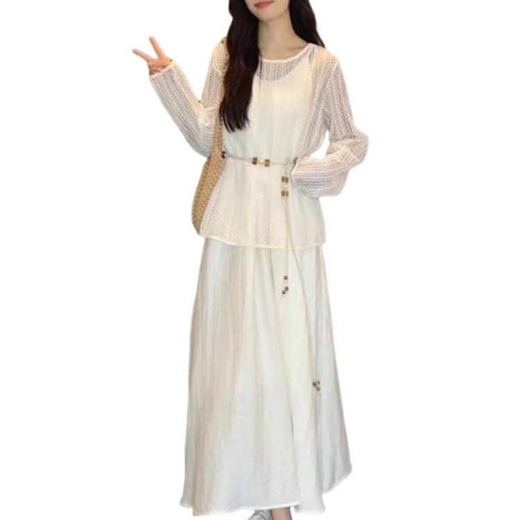 Women's White Strap Dress with Belt, 2025 Summer Beach Maxi Dress - Image 5