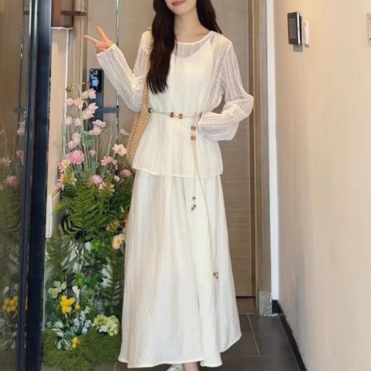 Women's White Strap Dress with Belt, 2025 Summer Beach Maxi Dress - Image 1