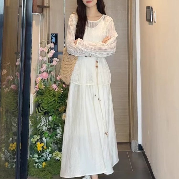 Women's White Strap Dress with Belt, 2025 Summer Beach Maxi Dress - Image 3