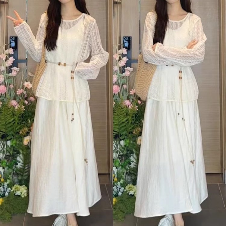 Women's White Strap Dress with Belt, 2025 Summer Beach Maxi Dress - Image 4