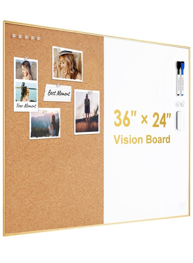 ARCOBIS Cork Board White Board Combo, 36 x 24 Inch Bulletin Board-Gold Frame, Magnetic Dry Erase Board & Corkboard for Wall, Vision Board for Home, Office, School - Image 1