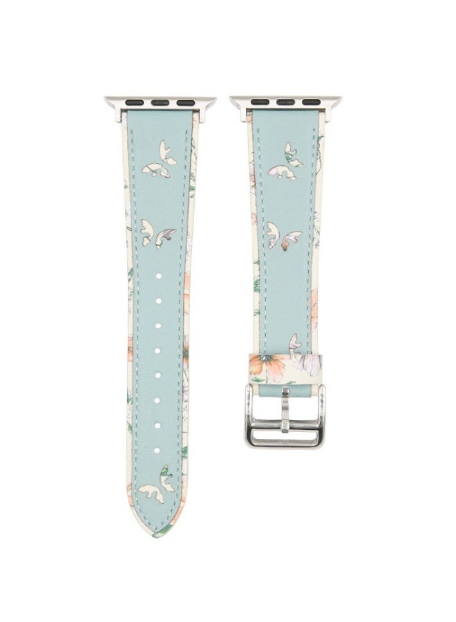 Beauenty For apple iWatch 6/7/8 Watch with Butterfly print leather strap 42/44/45/49mm light blue