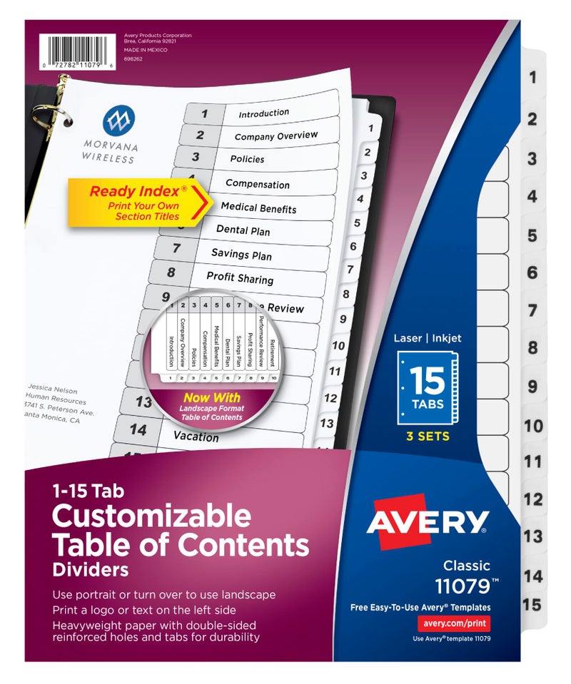 Avery Dividers for 3 Ring Binders, 15 Tabs per Set, Customizable Table of Contents, Classic White Tabs, Great for Organizing Reports, Projects, and More (3 Sets of 11079) - Image 1
