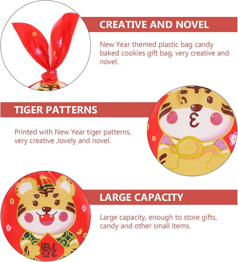 DOITOOL Festive Tiger Pattern Candy Bags 48pcs 13.5x22.5cm Red New Year Cookie and Biscuit Packaging Bags Wrapping for Lunar New Year Giving - Image 3