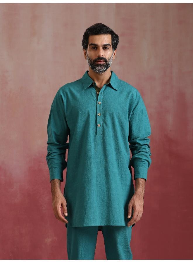 ترو برونز Men's Teal  Cotton Shirt Collar Stylized Kurta Co-ord set  - Image 3