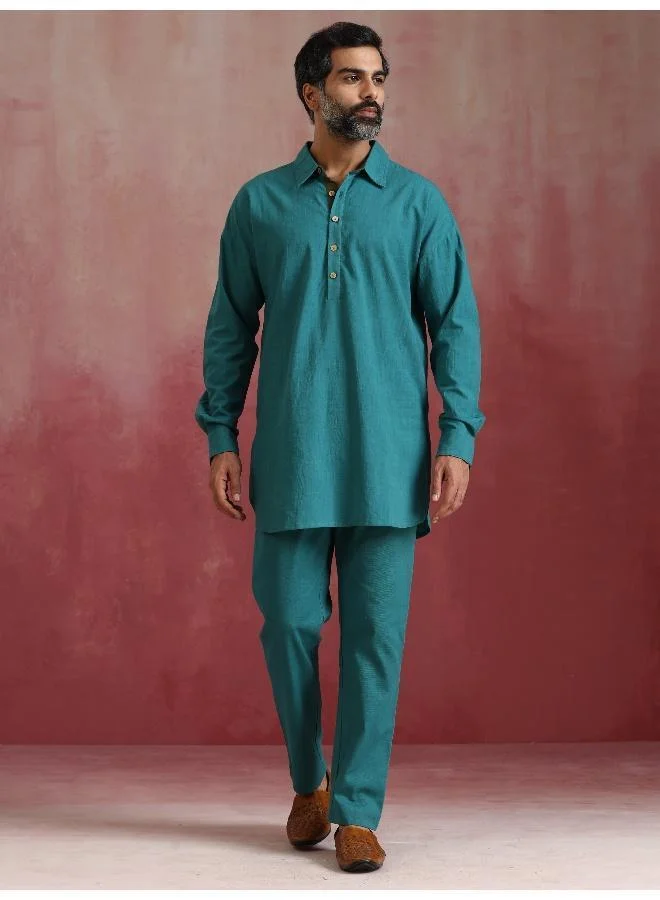 ترو برونز Men's Teal  Cotton Shirt Collar Stylized Kurta Co-ord set