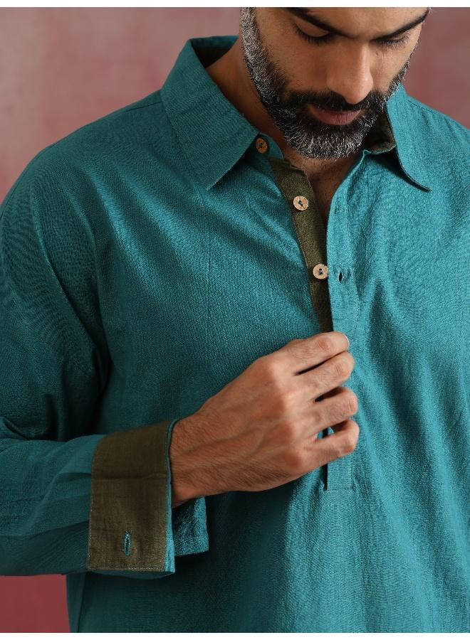 ترو برونز Men's Teal  Cotton Shirt Collar Stylized Kurta Co-ord set  - Image 5