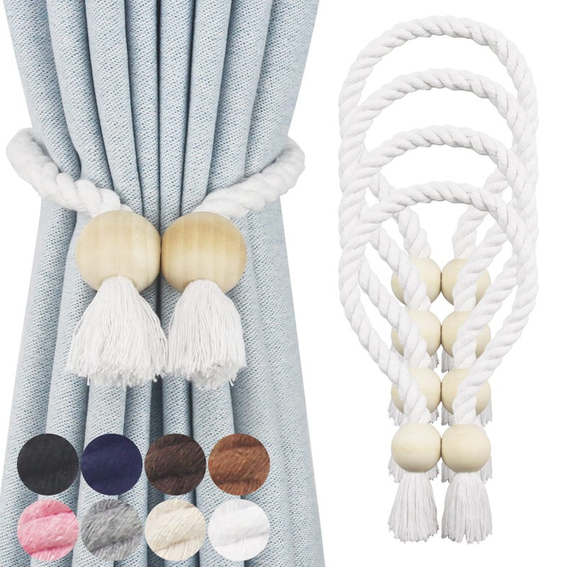 Nieffeiy 4 Pack Magnetic Curtain Tiebacks Cotton Hand Woven Tie Back Decorative Rope Holdbacks for Curtains Draperies No Tools Required White