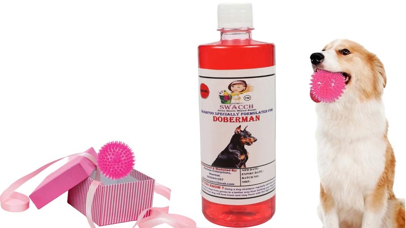 swacch Shampoo | Puppy Safe Shampoo | PH Balanced | Ditch to Itch for Doberman Shampoo 500ml (Strawberry) + Spike Ball Chew Toy Combo Pack - Image 1