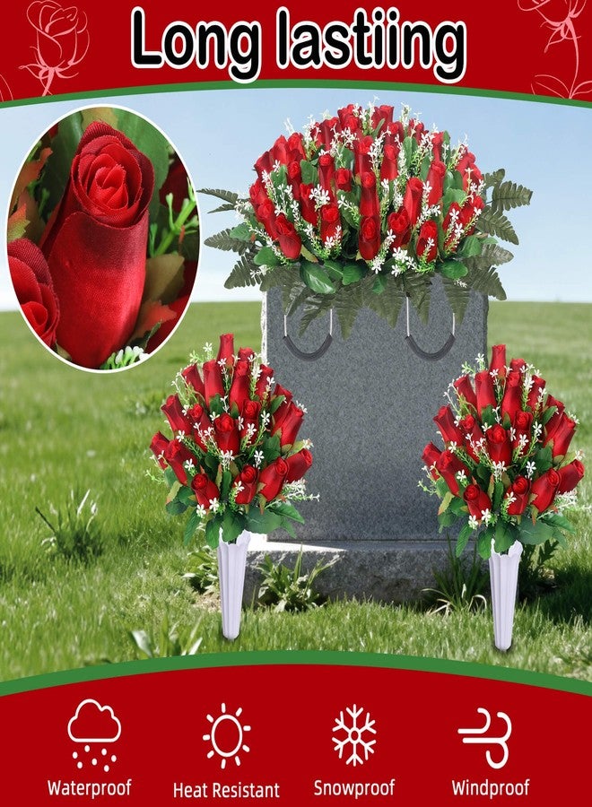 مجموعة من 3 مجموعات من الزهور الاصطناعية للمقابر، سرج زهور لشاهد القبر مع باقتين من الورود التذكارية مع مزهريات لتزيين شواهد القبور (أحمر) - Image 4