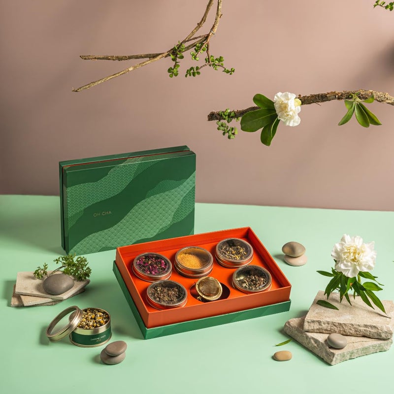OH CHA - صندوق هدايا شاي ساتوري | 4 أنواع شاي متنوعة، مصفاة ذهبية ومسحوق جاجري | مجموعة العناية الكاملة | هدية عيد الميلاد، عيد الميلاد، حفل زفاف - Image 2