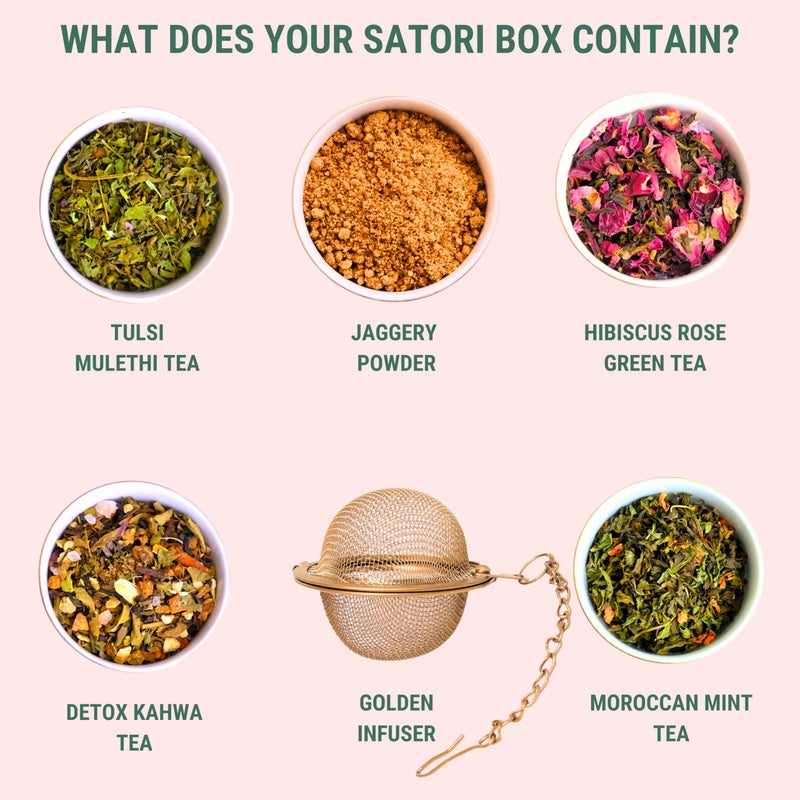 OH CHA - صندوق هدايا شاي ساتوري | 4 أنواع شاي متنوعة، مصفاة ذهبية ومسحوق جاجري | مجموعة العناية الكاملة | هدية عيد الميلاد، عيد الميلاد، حفل زفاف - Image 3