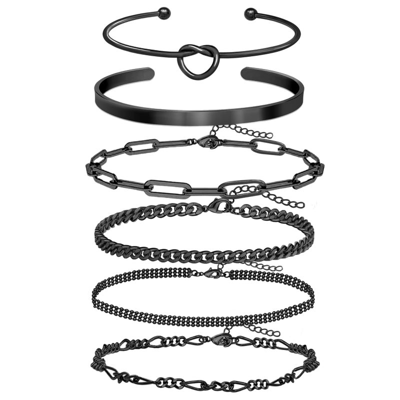 RechicGu Golden Color Plated Black Cuff Bracelet Bangle Jewelry Set Stackable Trendy Dainty Love Heart Knot Infinity Beaded Ball Paperclip Chain Minimalist Bracelet,6 Styles - Image 1