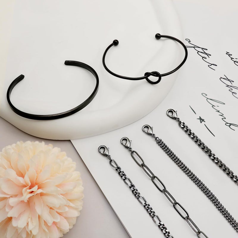 RechicGu Golden Color Plated Black Cuff Bracelet Bangle Jewelry Set Stackable Trendy Dainty Love Heart Knot Infinity Beaded Ball Paperclip Chain Minimalist Bracelet,6 Styles - Image 3