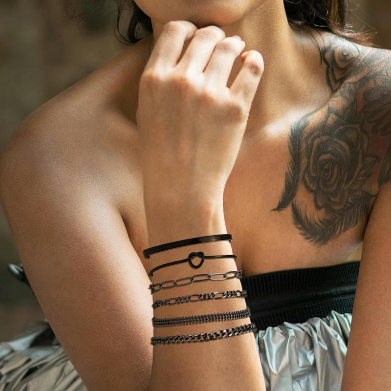RechicGu Golden Color Plated Black Cuff Bracelet Bangle Jewelry Set Stackable Trendy Dainty Love Heart Knot Infinity Beaded Ball Paperclip Chain Minimalist Bracelet,6 Styles - Image 4