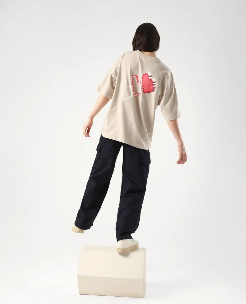 Rareism Women's Back Graphic Print Oversized T-Shirt