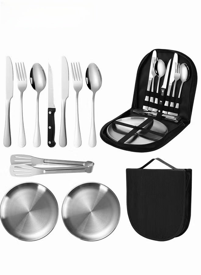 Camping Silverware Kit,10-piece Kitchen Silverware Kit With Portable Storage Bag,2 Person Stainless Steel Dinnerware Set For Camp Kitchen BBQ - Image 1
