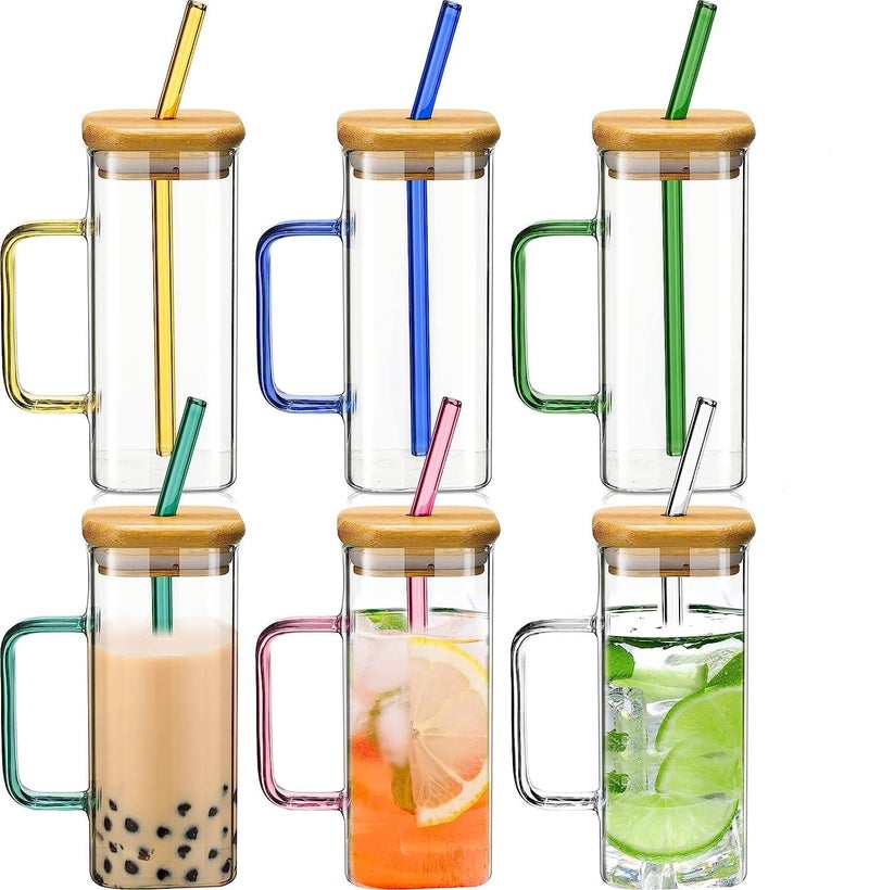 KELVEE Glass Cups with Lids and Straws 2 Pack 400 ml Drinking Glasses Bamboo Lids and Glass Straws Glass Mug with Colored Handle for Soda Iced Coffee Milk Bubble Tea Water Juice - Image 1