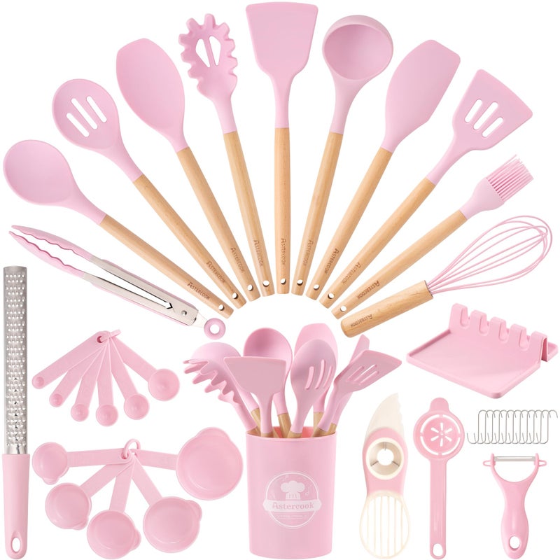 Astercook Kitchen Utensils set, 39 PCS Silicone Cooking Utensils Set with Wooden Handle, 446Â°F Heat Resistant Food Grade Utensil Sets, BPA Free Kitchen Gadgets Tools Set for Nonstick Cookware (Pink) - Image 1